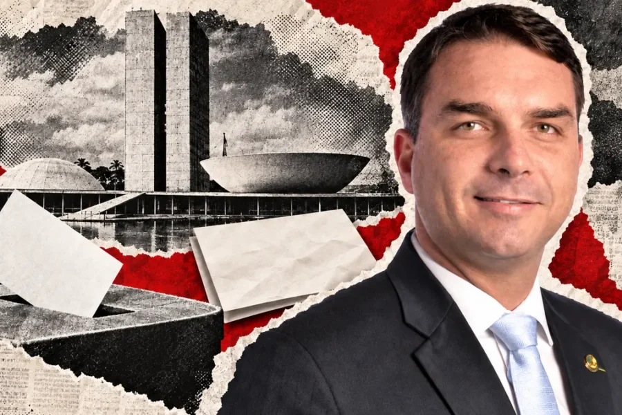 Collage conceptual con retrato reconocible de Flávio Bolsonaro, candidato y destinatario central del apoyo. No fotografía del hecho actual.