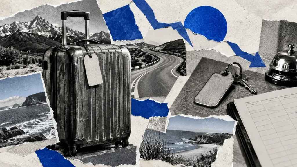 Collage conceptual de equipaje, llave hotelera y camino, con papel rasgado y acento azul; no fotografía del feriado