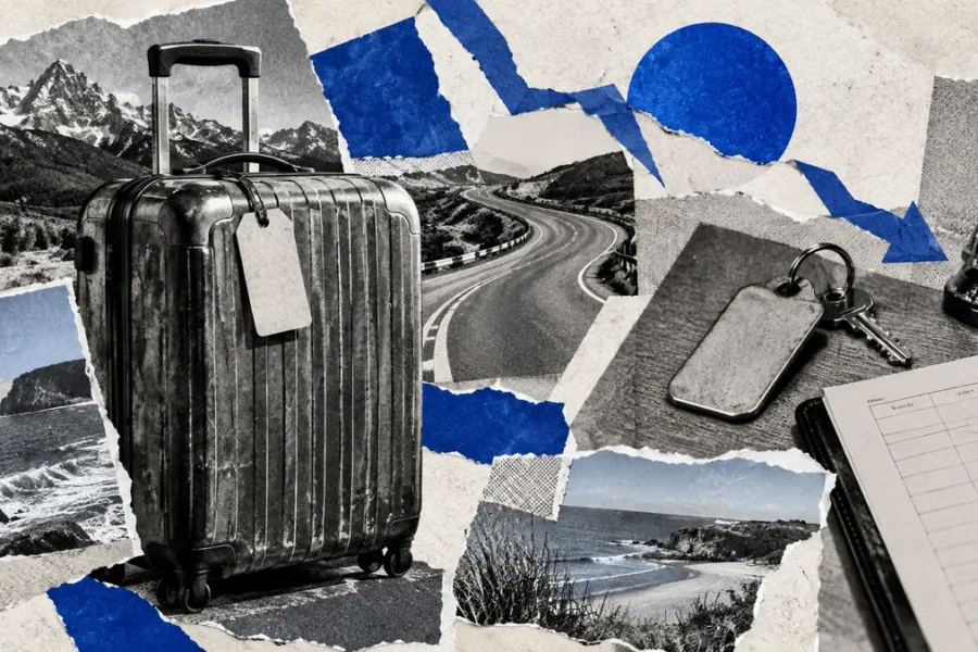 Collage conceptual de equipaje, llave hotelera y camino, con papel rasgado y acento azul; no fotografía del feriado