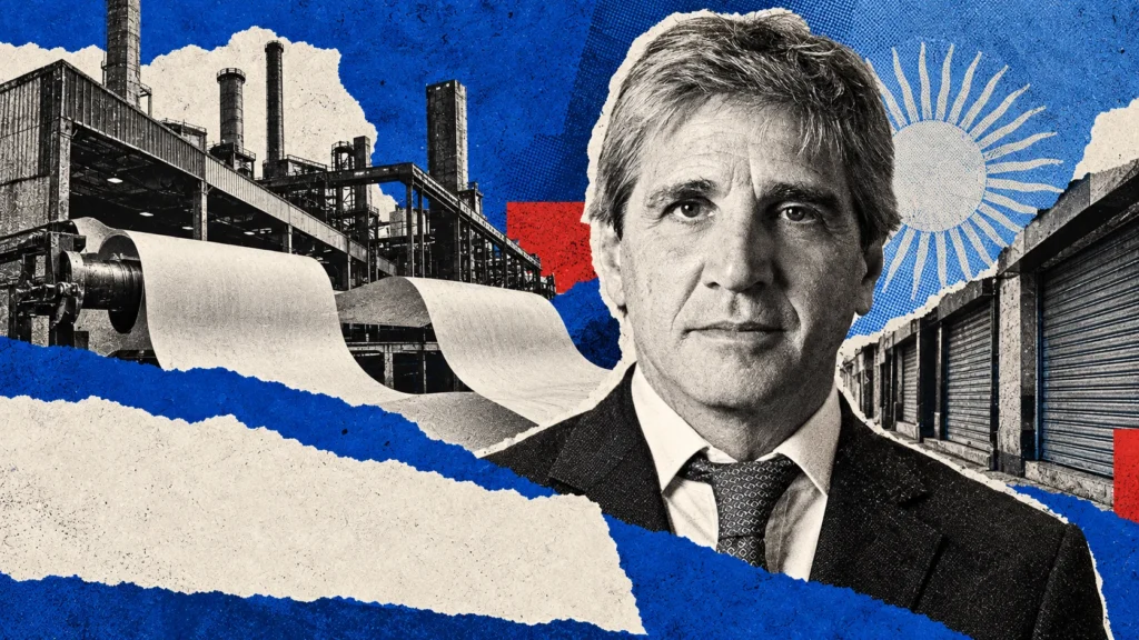 Collage editorial de Luis Caputo con industria y comercios conceptuales. Retrato oficial de archivo de 2024, no fotografía de la entrevista en París.