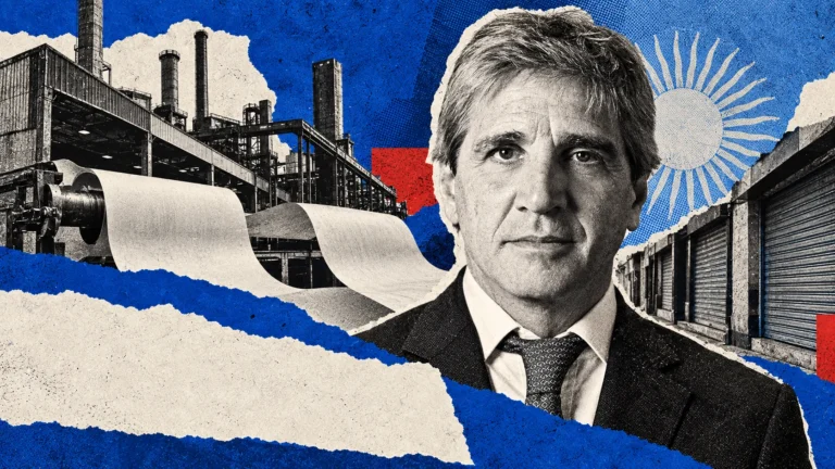 Collage editorial de Luis Caputo con industria y comercios conceptuales. Retrato oficial de archivo de 2024, no fotografía de la entrevista en París.
