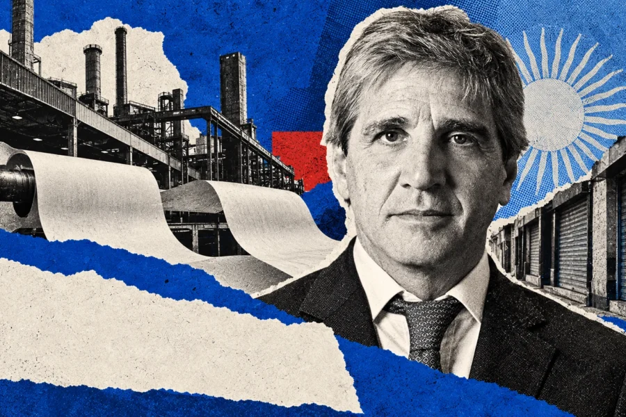 Collage editorial de Luis Caputo con industria y comercios conceptuales. Retrato oficial de archivo de 2024, no fotografía de la entrevista en París.