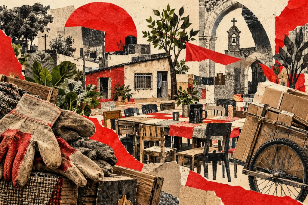 Collage conceptual original de La Red, 28/10/2026, creado con IA integrada: herramientas, cartón, casa y mesas comunitarias imaginarias. Excepción institucional colectiva documentada antes del arte. No fotografía de La Matanza, manifestación ni retratos inventados.