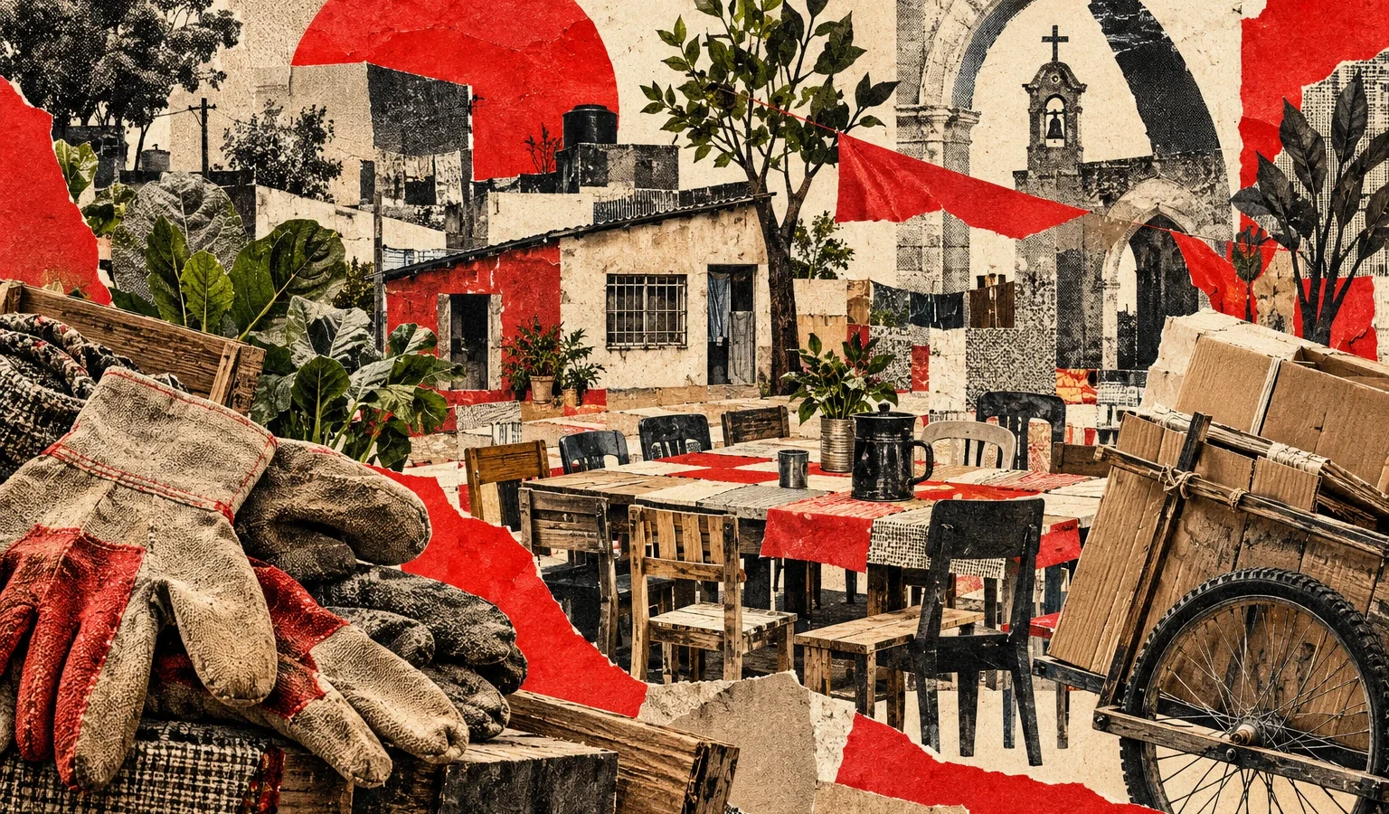 Collage conceptual original de La Red, 28/10/2026, creado con IA integrada: herramientas, cartón, casa y mesas comunitarias imaginarias. Excepción institucional colectiva documentada antes del arte. No fotografía de La Matanza, manifestación ni retratos inventados.