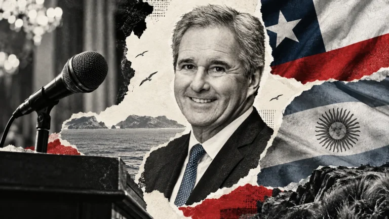 Collage editorial conceptual: Pablo Quirno. Quirno responde a Chile por el vínculo con Malvinas. No es registro documental del acontecimiento.