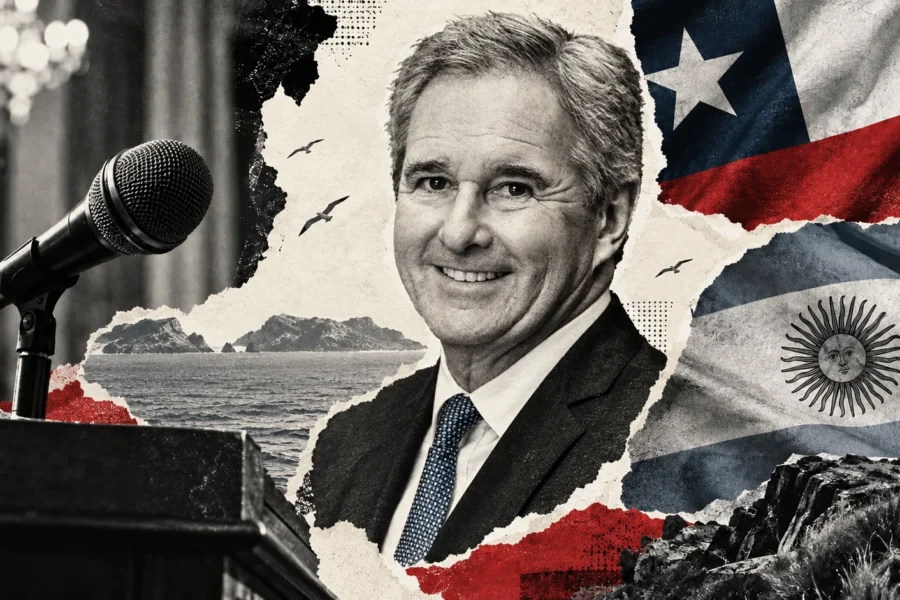Collage editorial conceptual: Pablo Quirno. Quirno responde a Chile por el vínculo con Malvinas. No es registro documental del acontecimiento.