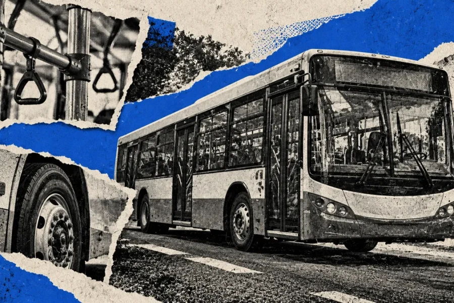 Collage conceptual azul con colectivo genérico y recortes de transporte: reclamo de financiamiento del AMBA