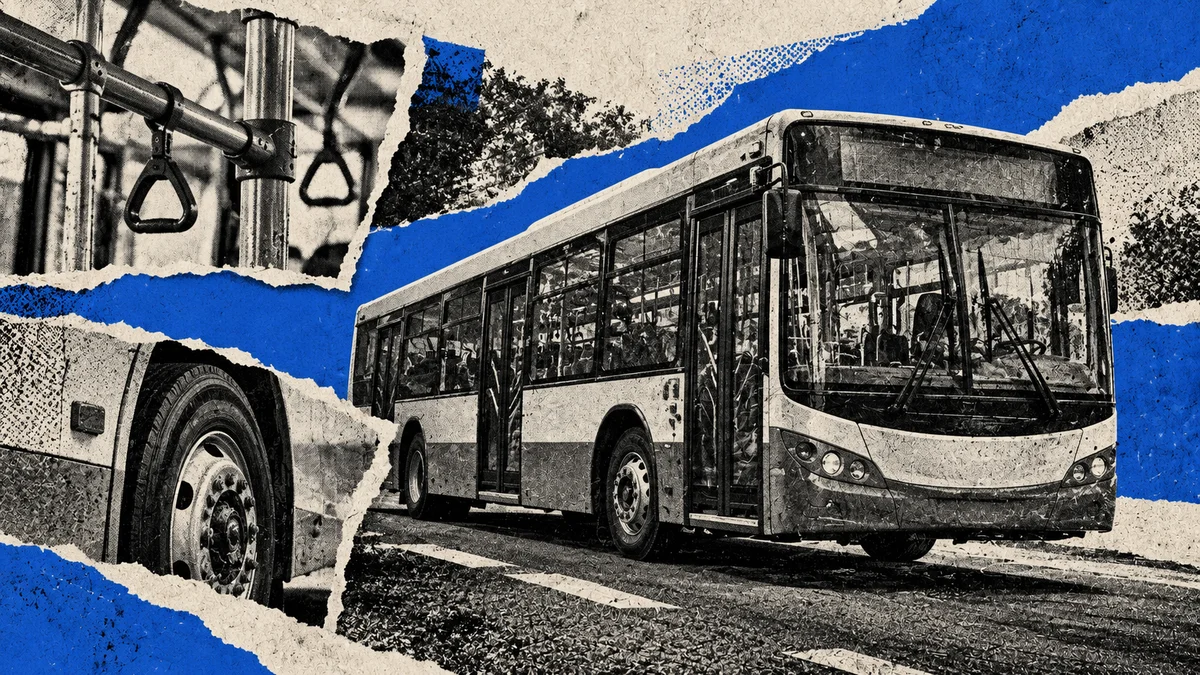 Collage conceptual azul con colectivo genérico y recortes de transporte: reclamo de financiamiento del AMBA