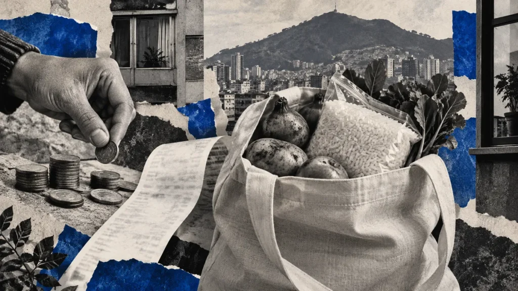 Collage conceptual sobre precios al consumidor en Colombia; no fotografía documental