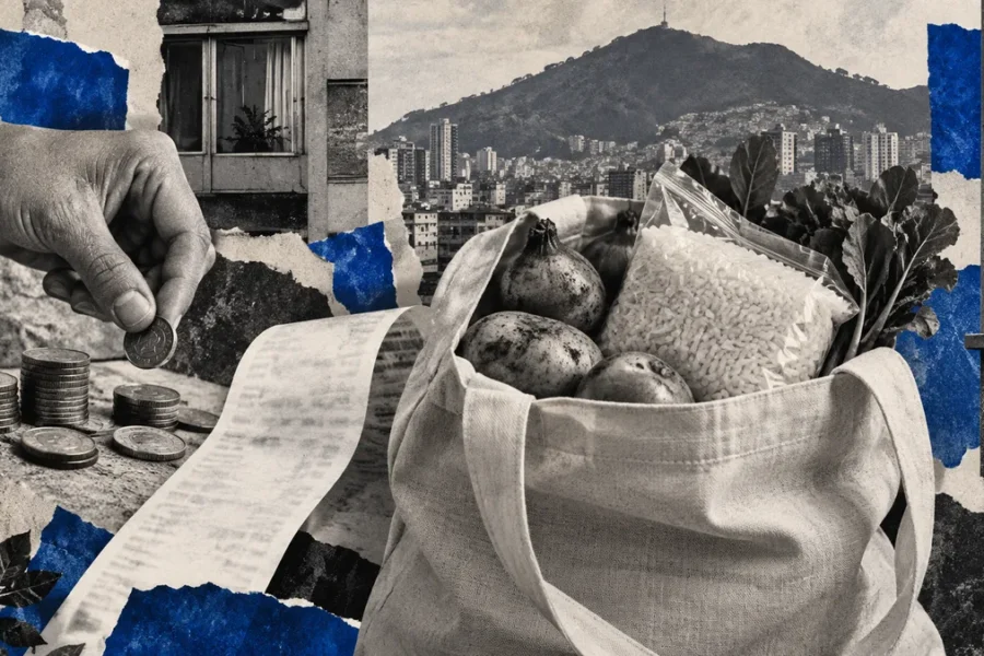 Collage conceptual sobre precios al consumidor en Colombia; no fotografía documental