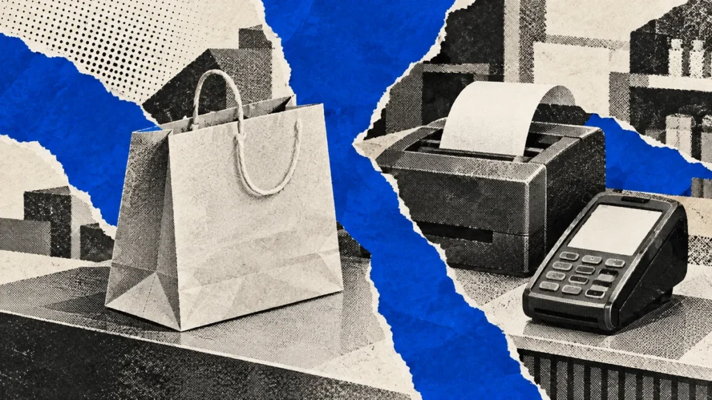 Collage azul con bolsa, impresora y terminal de pago genéricas: ventas, cuotas y márgenes comerciales