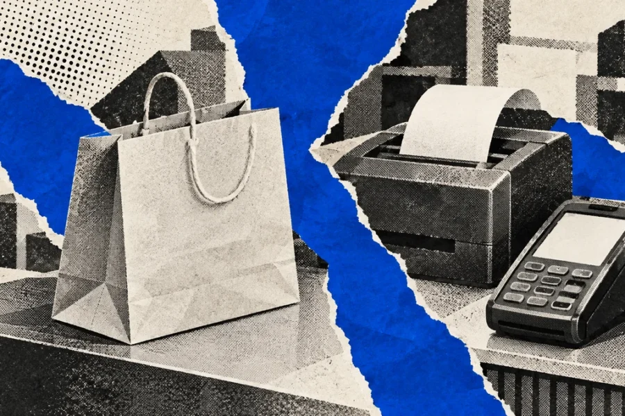 Collage azul con bolsa, impresora y terminal de pago genéricas: ventas, cuotas y márgenes comerciales
