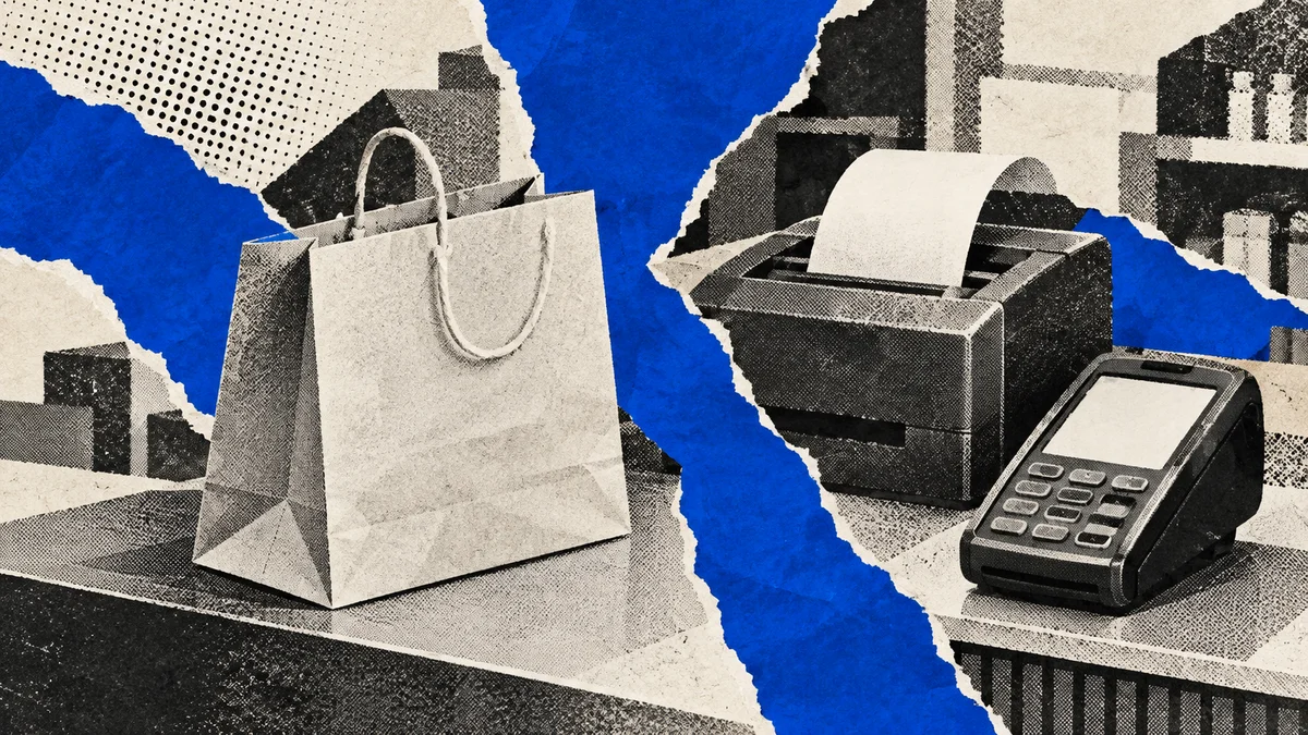 Collage azul con bolsa, impresora y terminal de pago genéricas: ventas, cuotas y márgenes comerciales