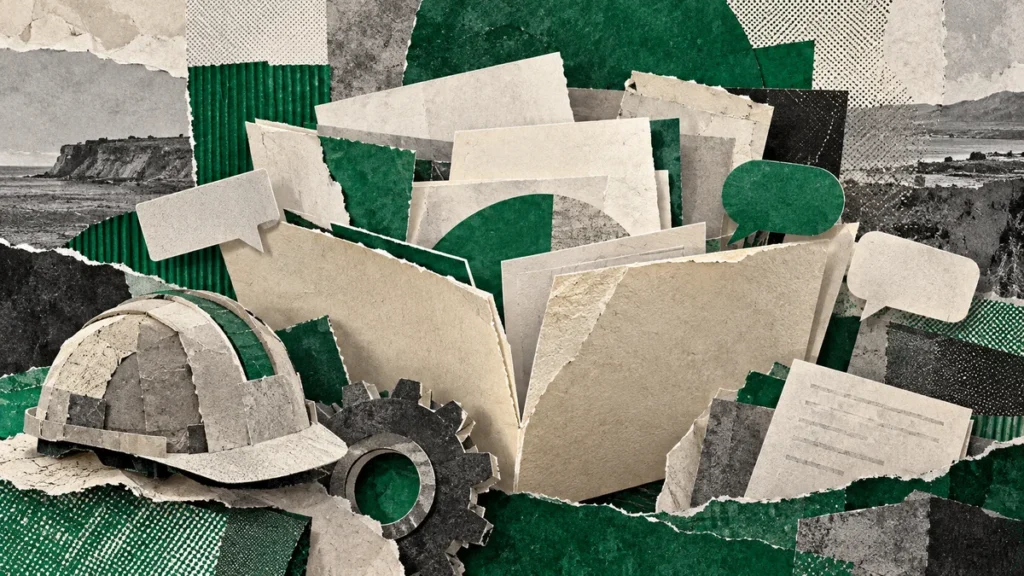 Collage verde de carpetas abiertas, casco y engranaje hechos de papel, como representación conceptual del debate sobre producción y trabajo