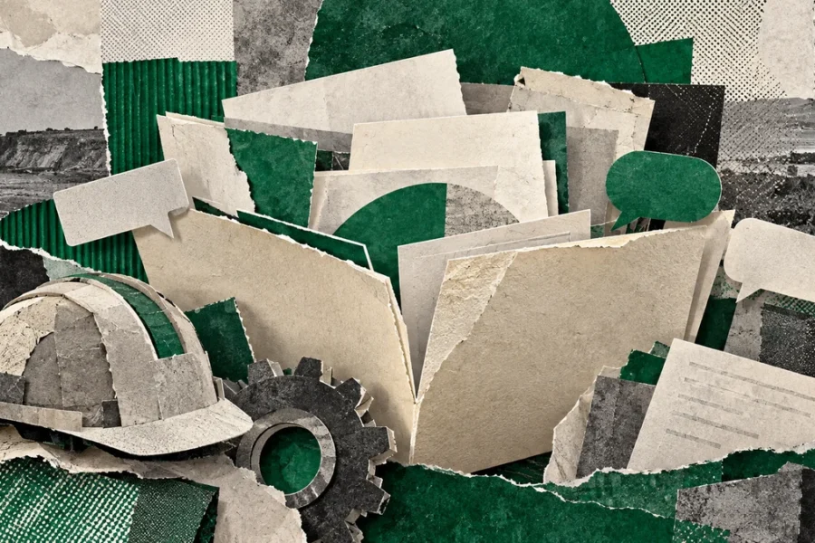 Collage verde de carpetas abiertas, casco y engranaje hechos de papel, como representación conceptual del debate sobre producción y trabajo