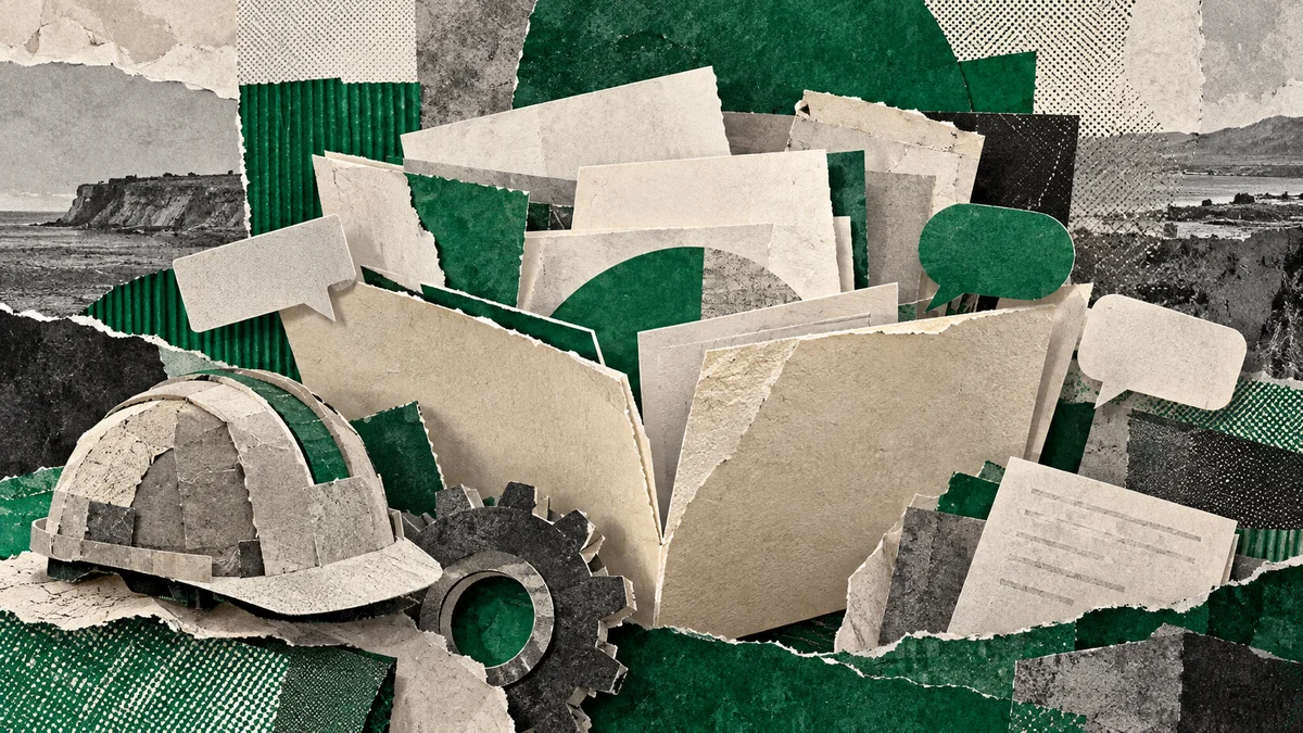 Collage verde de carpetas abiertas, casco y engranaje hechos de papel, como representación conceptual del debate sobre producción y trabajo