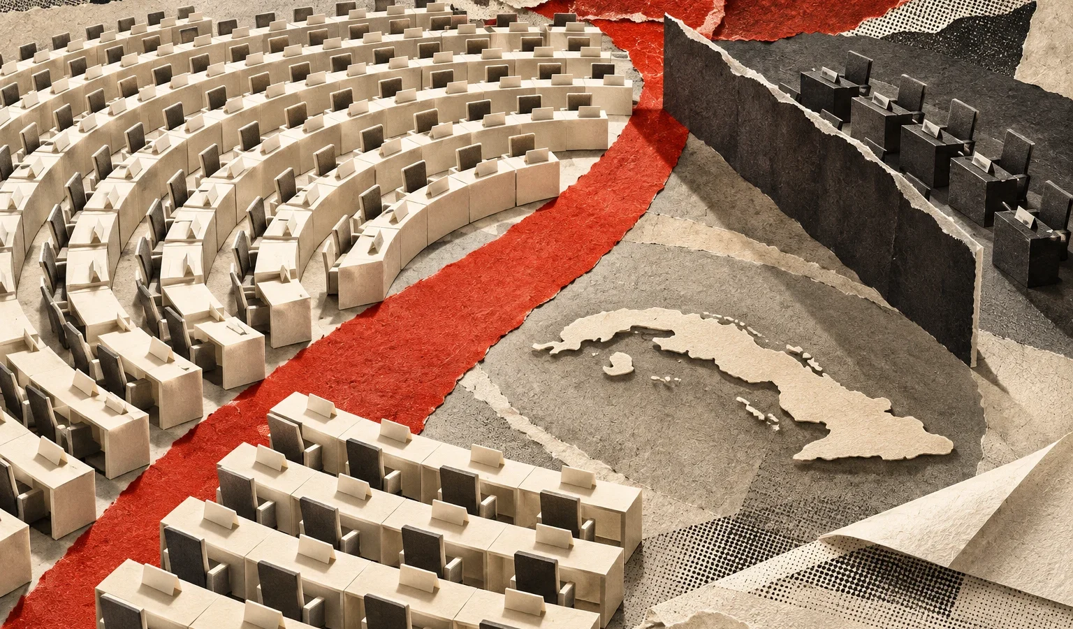Collage conceptual original de La Red, 28/10/2026, creado con IA integrada: escritorios y barreras de papel representan una decisión diplomática colectiva. No es una fotografía del recinto ni un tablero real de votación. Excepción institucional documentada antes del arte; sin retratos decorativos.