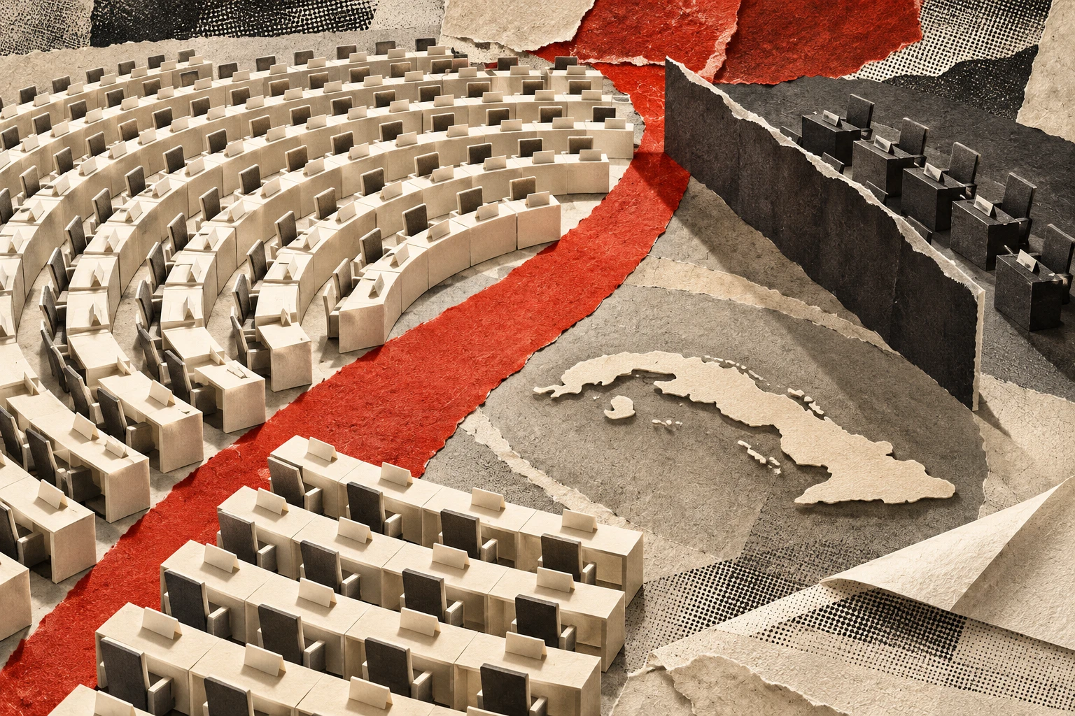 Collage conceptual original de La Red, 28/10/2026, creado con IA integrada: escritorios y barreras de papel representan una decisión diplomática colectiva. No es una fotografía del recinto ni un tablero real de votación. Excepción institucional documentada antes del arte; sin retratos decorativos.