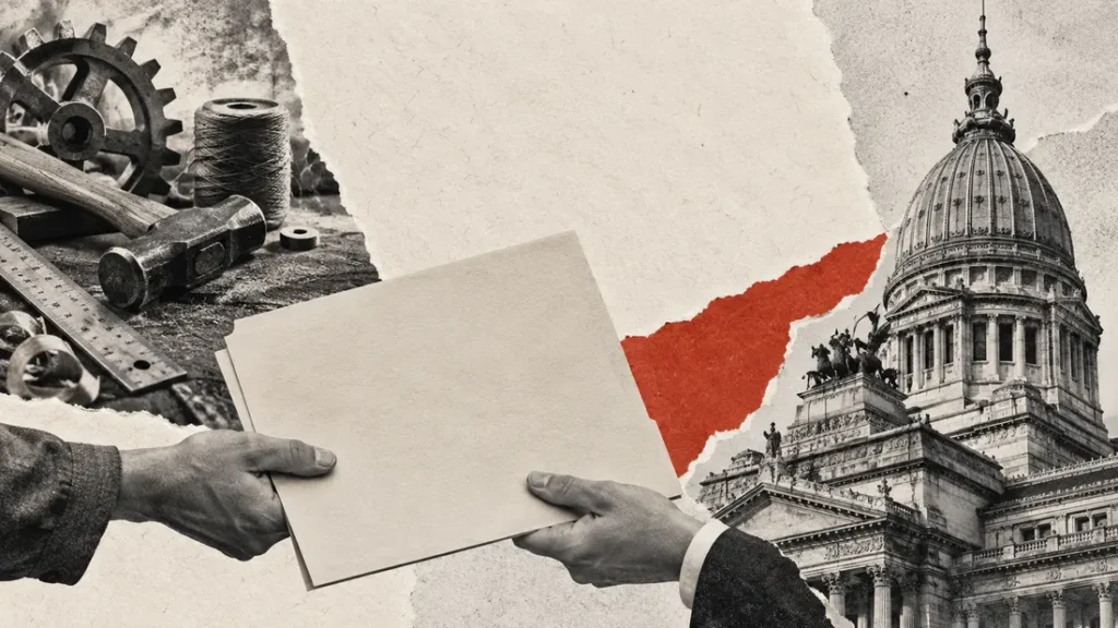 Collage conceptual. Diputados debatirá cooperativas y certificado MiPyME. No es fotografía documental del hecho.
