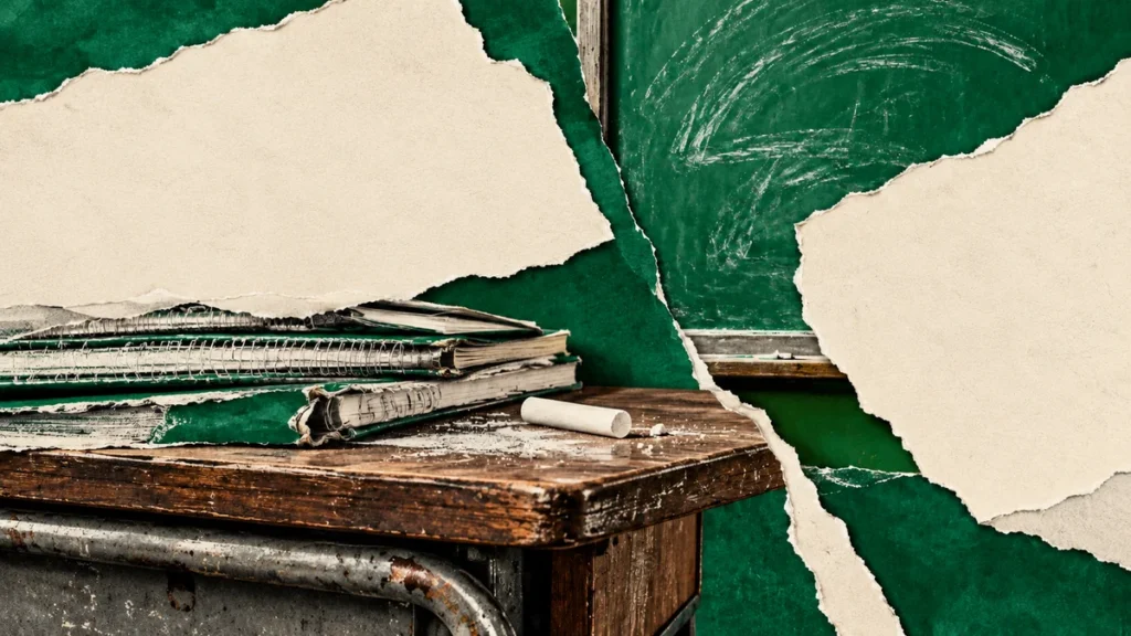 Collage verde con cuadernos, tiza y papeles: negociación salarial docente bonaerense