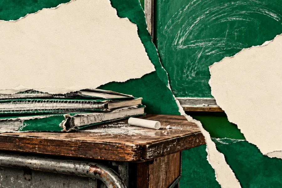 Collage verde con cuadernos, tiza y papeles: negociación salarial docente bonaerense