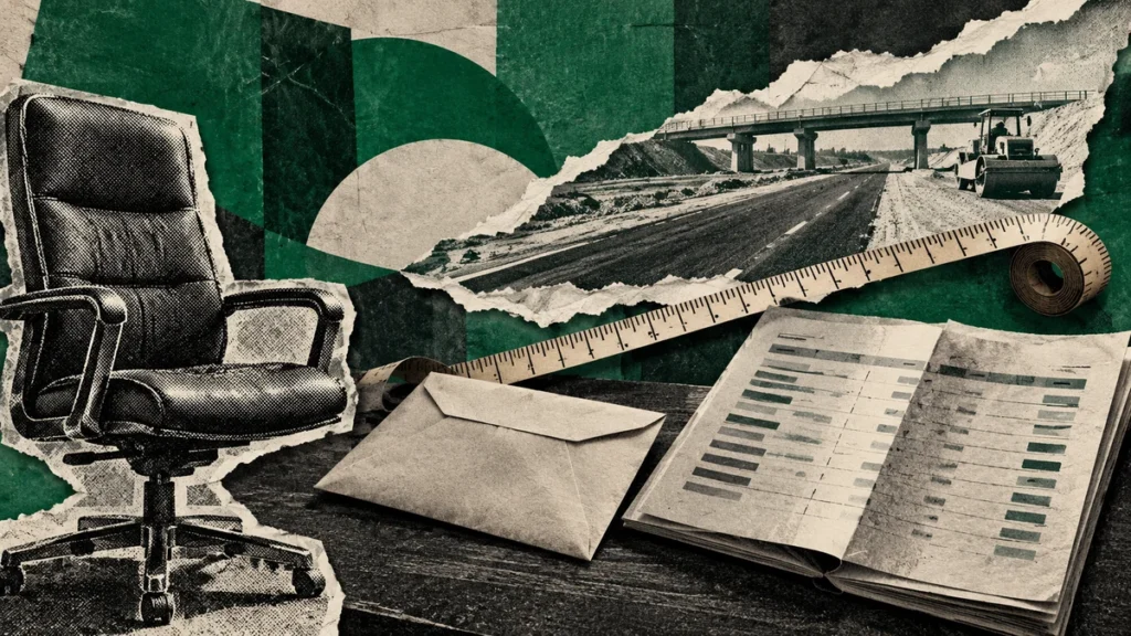 Collage verde con silla de oficina, sobre y planilla frente a un recorte vial conceptual: presupuesto provincial