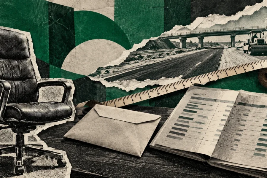 Collage verde con silla de oficina, sobre y planilla frente a un recorte vial conceptual: presupuesto provincial