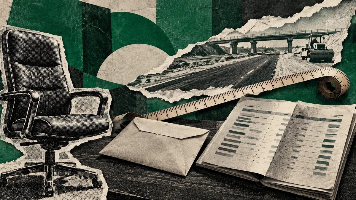 Collage verde con silla de oficina, sobre y planilla frente a un recorte vial conceptual: presupuesto provincial