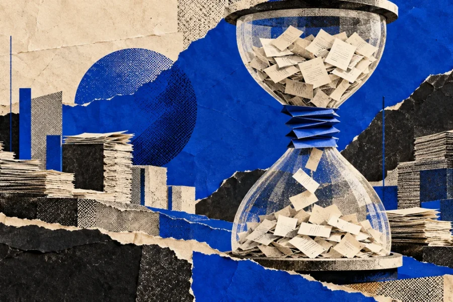 Collage azul con reloj de arena de papeles: acumulación inicial y espera para el Fondo de Asistencia Laboral