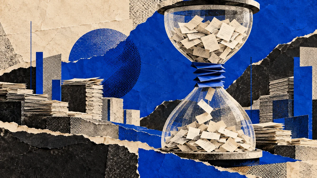 Collage azul con reloj de arena de papeles: acumulación inicial y espera para el Fondo de Asistencia Laboral