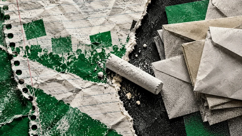 Collage verde con cuaderno rasgado, tiza y sobres de papel: desacuerdo salarial docente