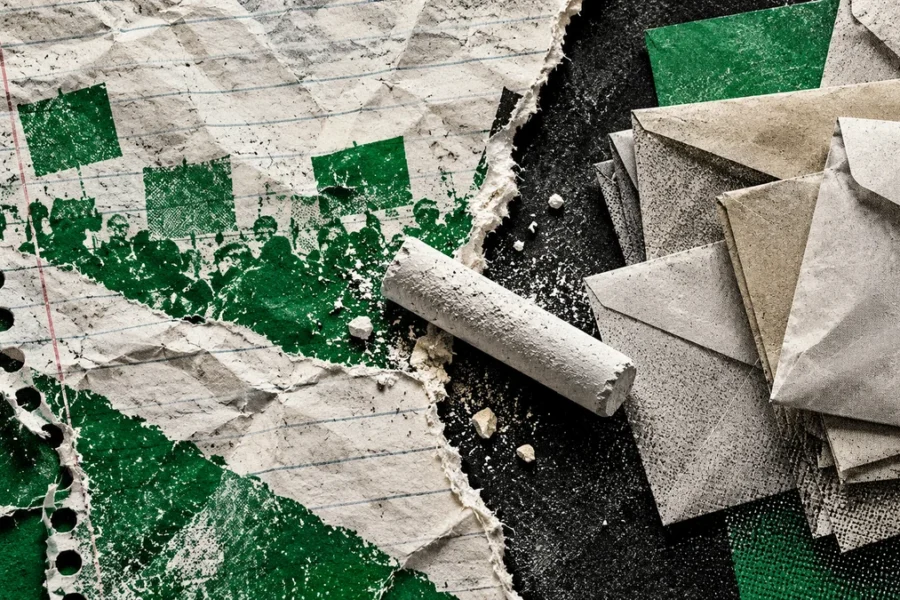Collage verde con cuaderno rasgado, tiza y sobres de papel: desacuerdo salarial docente