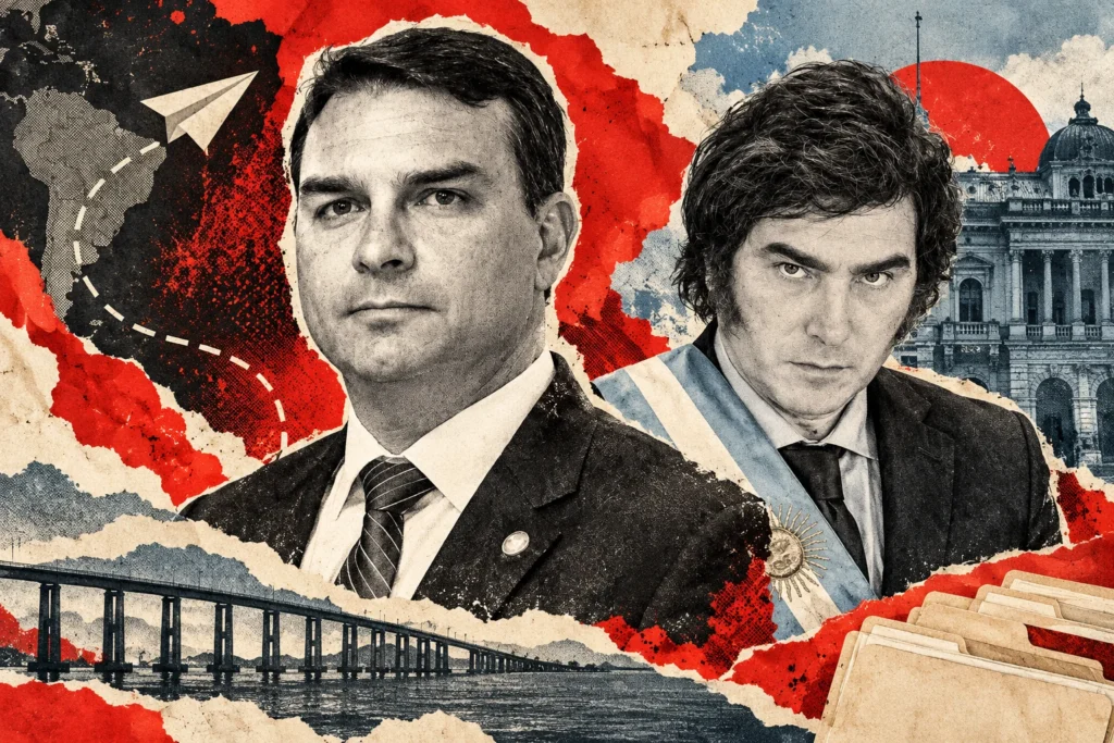 Collage conceptual original de La Red, 28/10/2026, asistido por IA. Retratos de archivo: Flávio Bolsonaro, 29/11/2018, U.S. Consulate in Rio, dominio público; Javier Milei, 10/12/2023, Gobierno de Argentina, CC BY 4.0. Adaptaciones: recorte, monocromo, trama y montaje. Puente, mapa, avión de papel y carpetas son símbolos ilustrativos, no una foto del operativo, una ruta geográfica verificada ni prueba de responsabilidad penal.