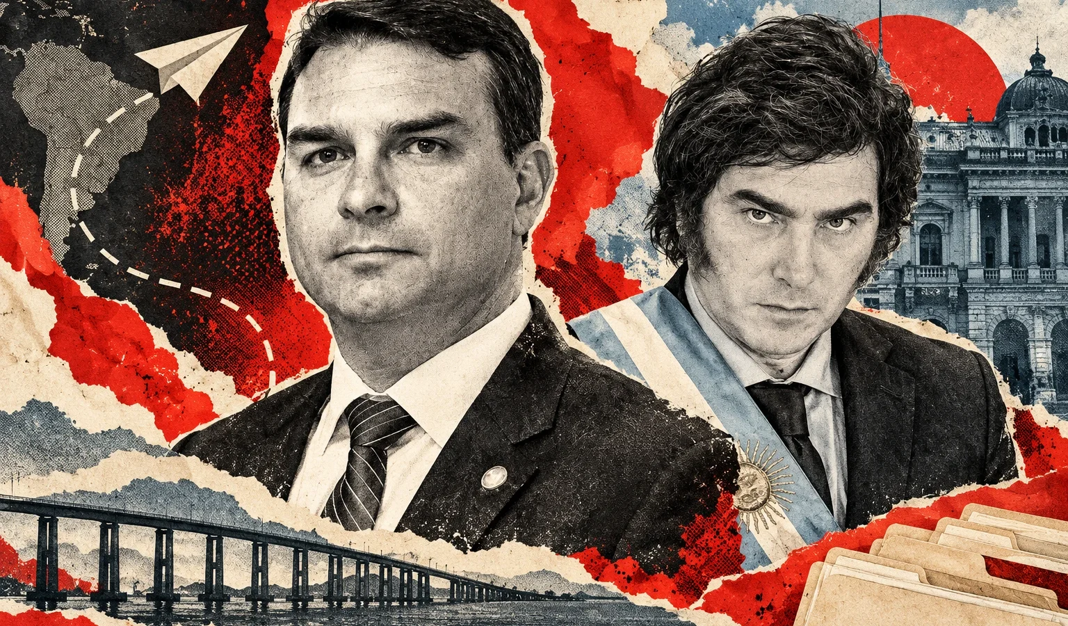 Collage conceptual original de La Red, 28/10/2026, asistido por IA. Retratos de archivo: Flávio Bolsonaro, 29/11/2018, U.S. Consulate in Rio, dominio público; Javier Milei, 10/12/2023, Gobierno de Argentina, CC BY 4.0. Adaptaciones: recorte, monocromo, trama y montaje. Puente, mapa, avión de papel y carpetas son símbolos ilustrativos, no una foto del operativo, una ruta geográfica verificada ni prueba de responsabilidad penal.