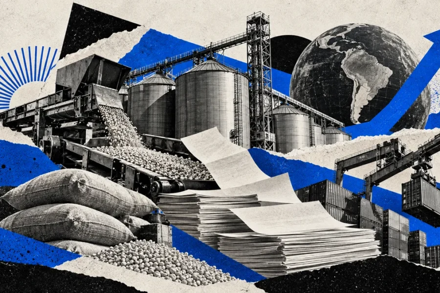Collage conceptual de producción y documentos económicos, sin personas ni cifras inventadas; no fotografía de un hecho