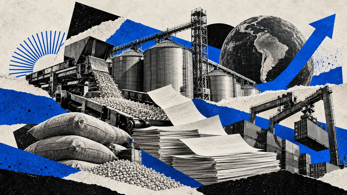 Collage conceptual de producción y documentos económicos, sin personas ni cifras inventadas; no fotografía de un hecho