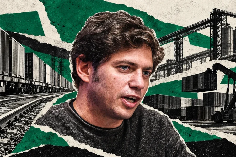 Kicillof de archivo en collage conceptual verde con ferrocarril y cargas: debate federal sobre infraestructura