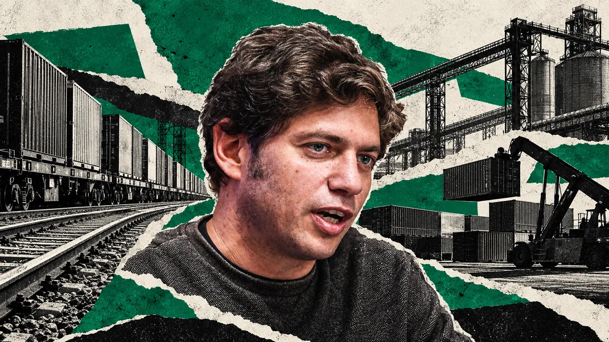 Kicillof de archivo en collage conceptual verde con ferrocarril y cargas: debate federal sobre infraestructura