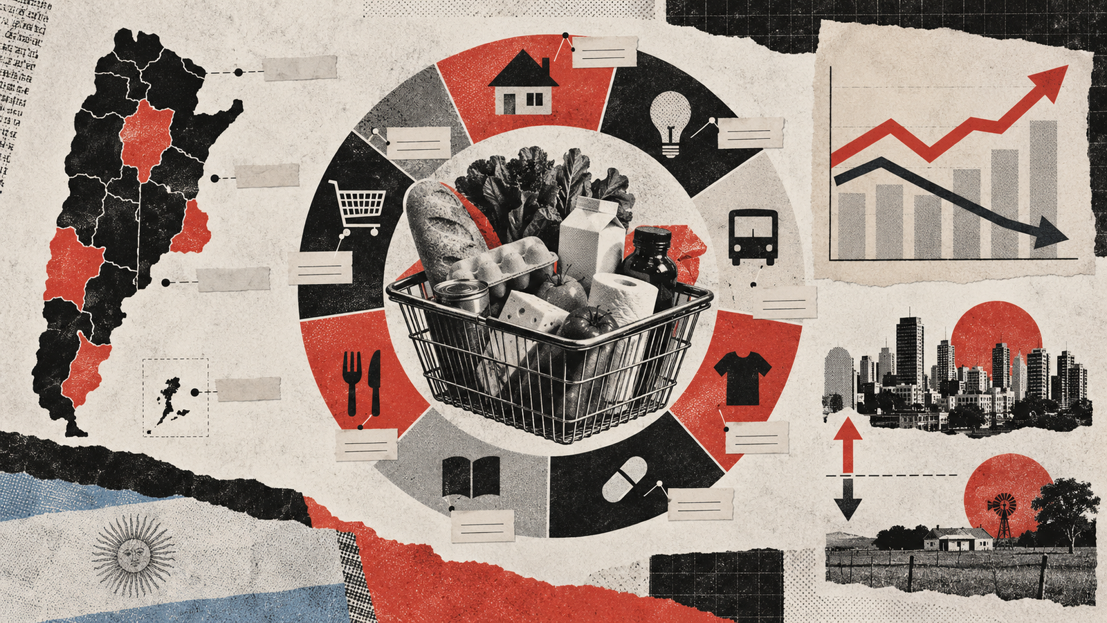 Ilustración conceptual de una canasta de consumo, un mapa argentino y gráficos
