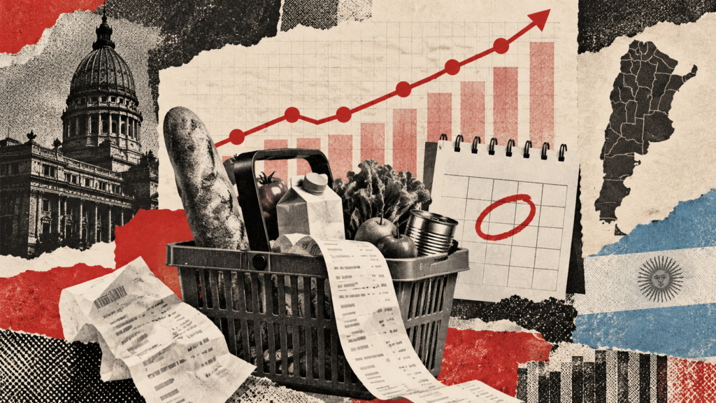 Canasta de consumo, gráfico abstracto, calendario y mapa argentino en collage editorial