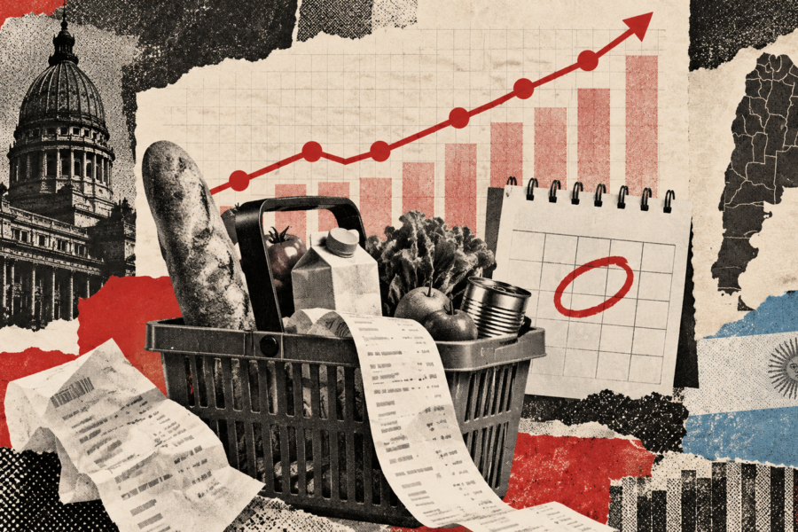 Canasta de consumo, gráfico abstracto, calendario y mapa argentino en collage editorial