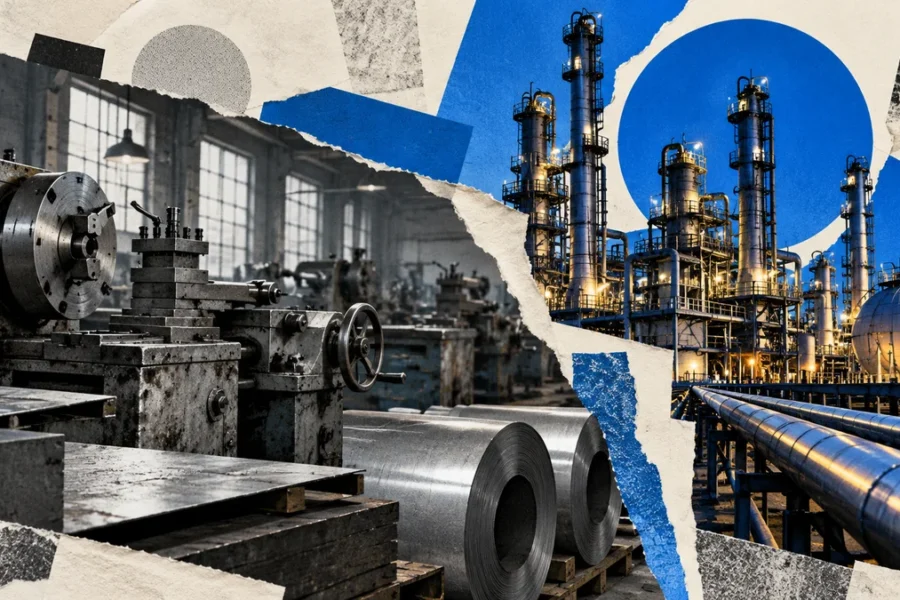 Collage conceptual de maquinaria y refinería sobre diferencias de capacidad utilizada, no una fábrica identificada