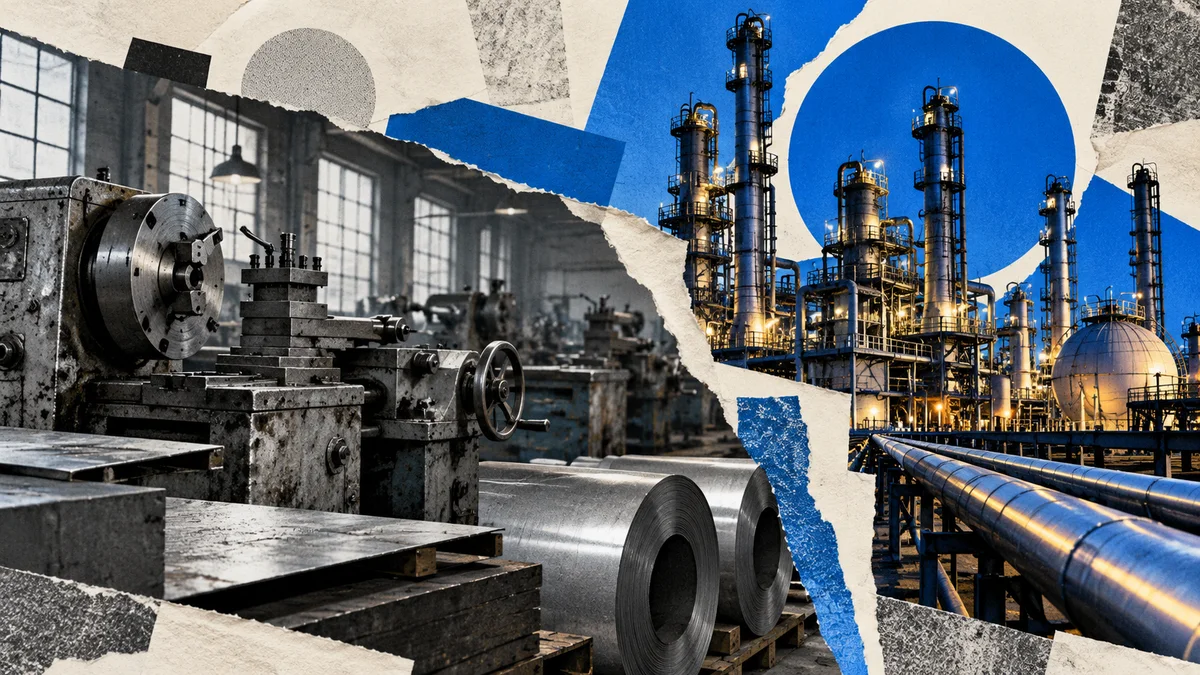 Collage conceptual de maquinaria y refinería sobre diferencias de capacidad utilizada, no una fábrica identificada