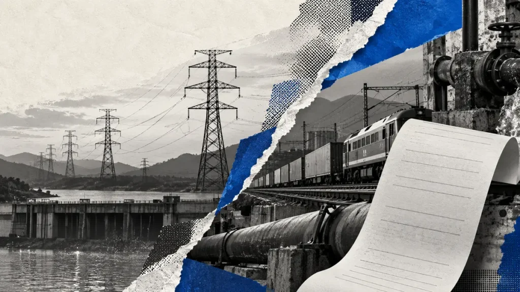 Collage conceptual de economía / servicios públicos, sin protagonistas personales inventados.