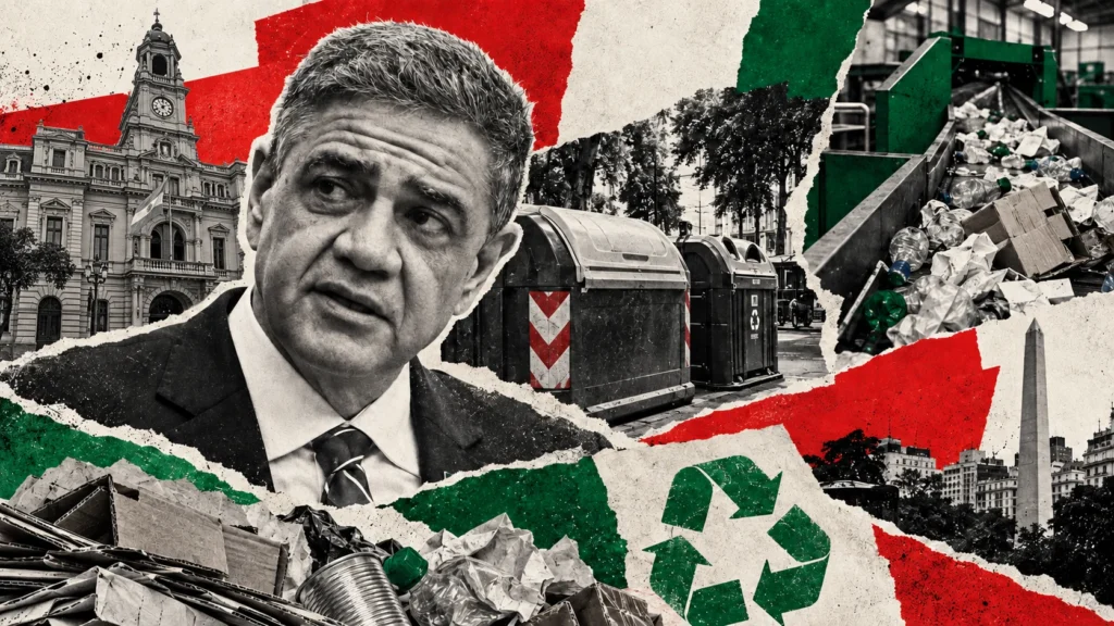 Collage editorial conceptual: Jorge Macri. Jorge Macri abre el debate por la basura y el reciclado. No es registro documental del acontecimiento.