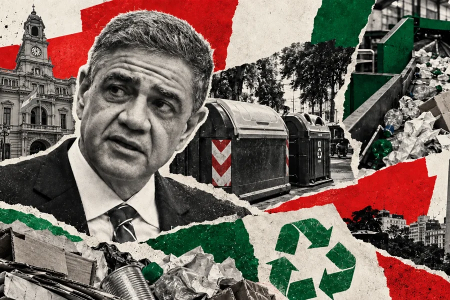 Collage editorial conceptual: Jorge Macri. Jorge Macri abre el debate por la basura y el reciclado. No es registro documental del acontecimiento.