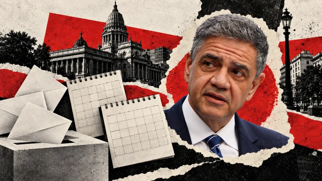 Jorge Macri reconocible en collage de archivo con sobres y papeles ilustrativos, sin fechas ni acuerdo supuesto