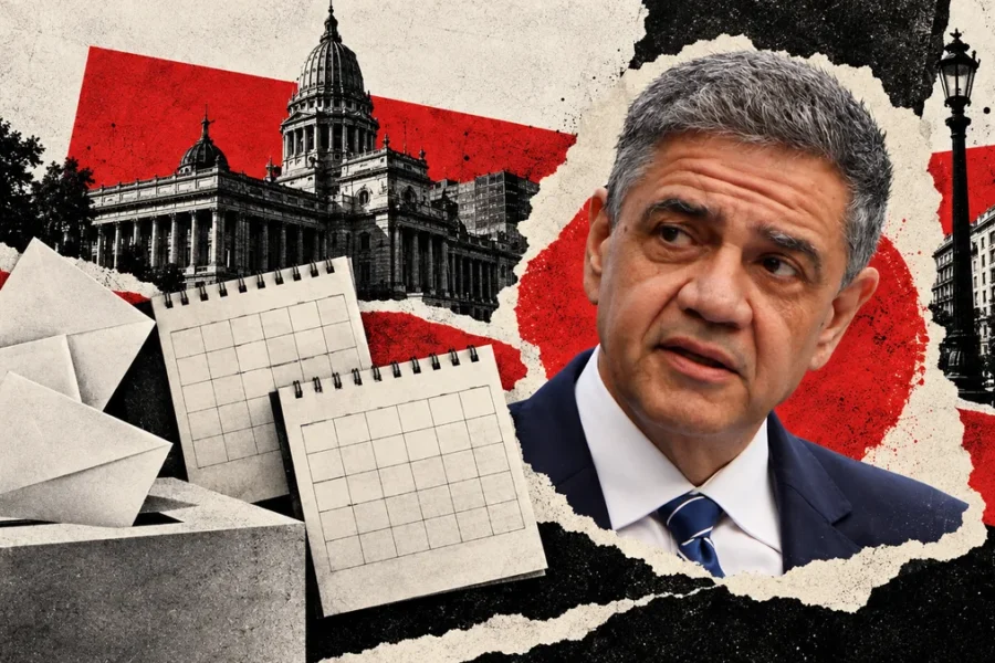 Jorge Macri reconocible en collage de archivo con sobres y papeles ilustrativos, sin fechas ni acuerdo supuesto