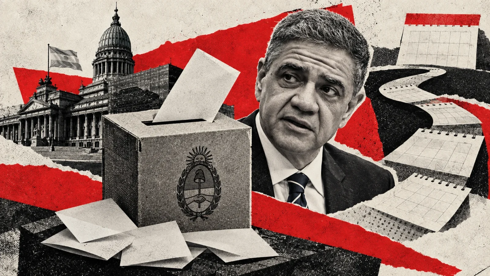 Collage editorial de Jorge Macri con urna y Congreso conceptuales. Retrato de archivo de 2024, no registro de la entrevista.