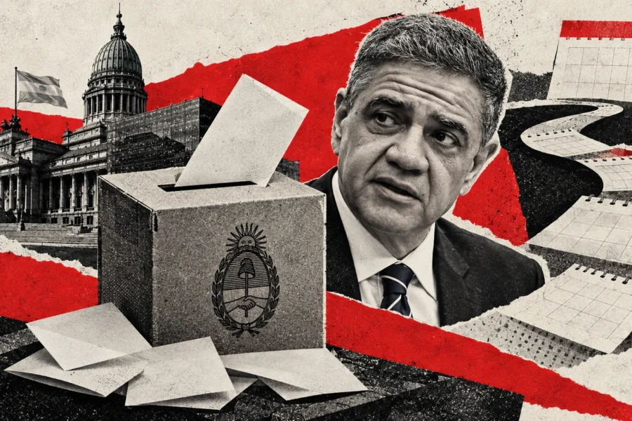 Collage editorial de Jorge Macri con urna y Congreso conceptuales. Retrato de archivo de 2024, no registro de la entrevista.